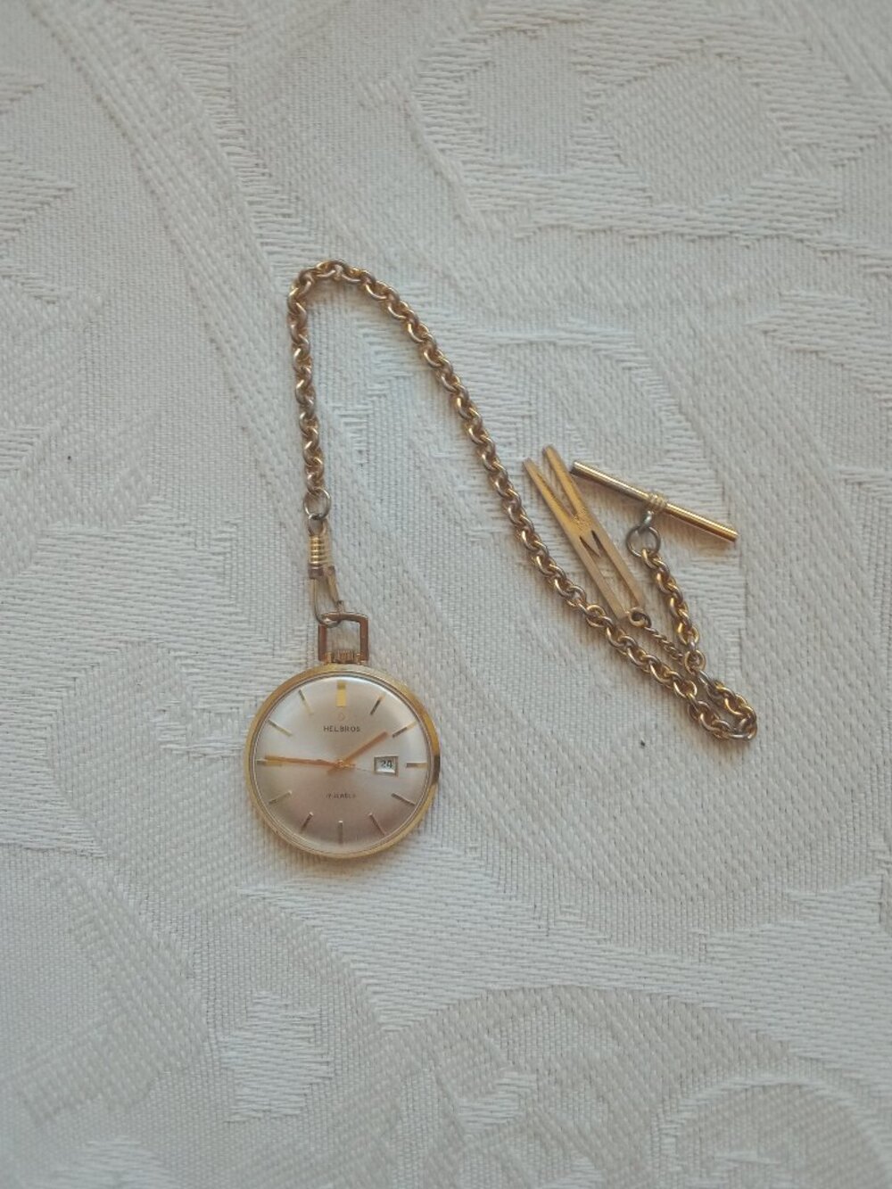 1970's Helbros 17 Jewel Pocket Watch with Chain Works!